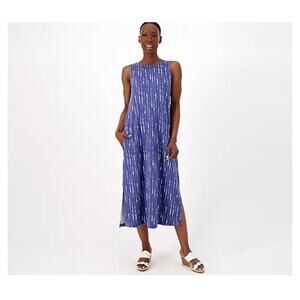 Denim & Co Naturals Linen Blend Midi Dress in Indigo White Pattern Size XSP